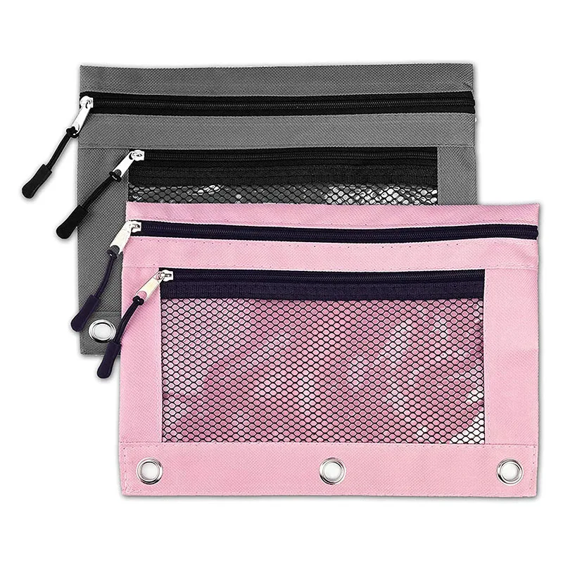 Custom Logo School Pen Bag 3 Rings Binder Pencil Pouch Pencil Case with Clear Window