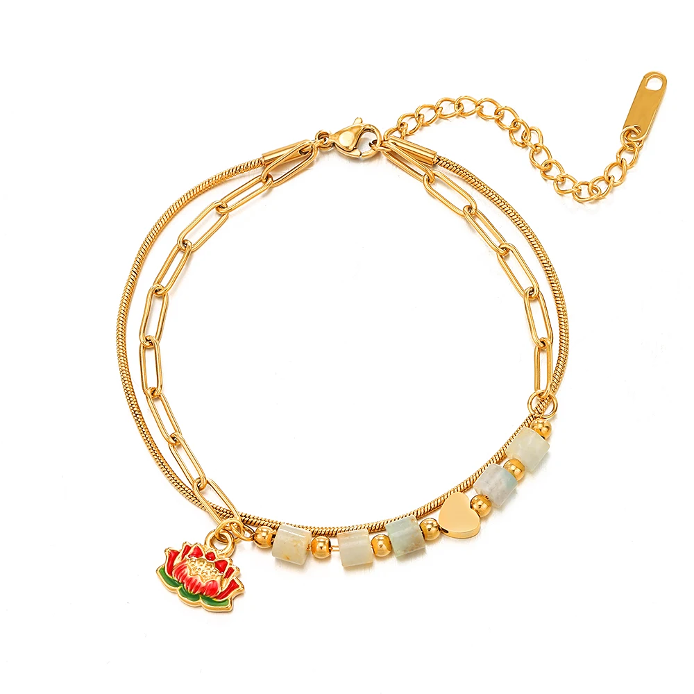 Fashion Stainless Steel Lotus Pendant Bracelet Charm Girl Multi Layer Natural Stone Heart Friends Bracelet For Women