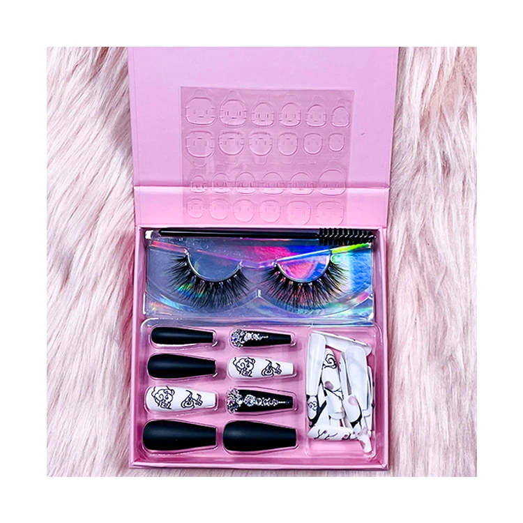 New Arrival Matte Pink Eyelash Packaging Free Sample Women Luxury Press on Nails and Fake Faux Mink Eyelashes Lash Set
