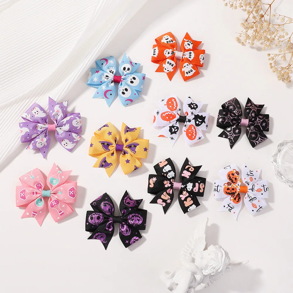 Jiamu New Design Halloween Children Ribbon Bow Hair Clips For Little Girls Black Bats Evil Halloween Hair Accessories Wholesale