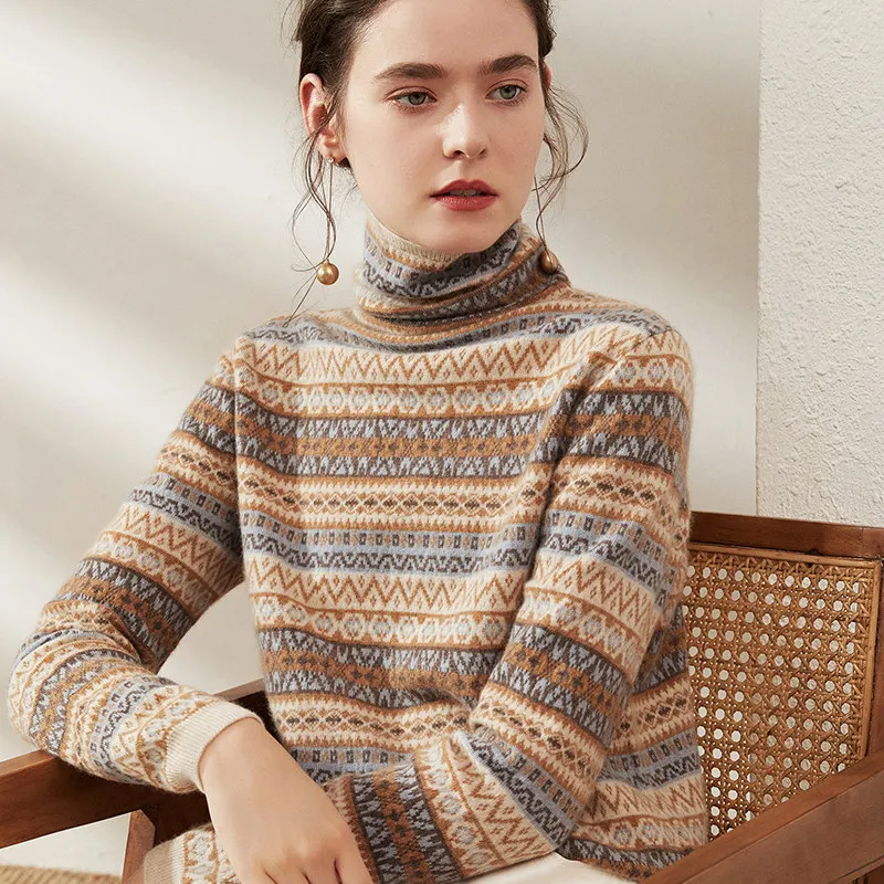 
OEM ODM Winter Women Knit Turtleneck 35% Cashmere 65% Merino Wool Ugly Christmas Sweaters 