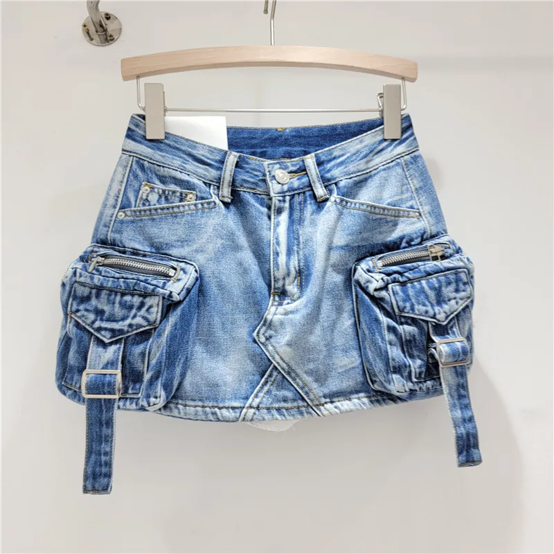 Vintage Denim Shirts Cargo Skirt Fashion Low Waist Mini A-line Jean Skirt With Pockets For Women