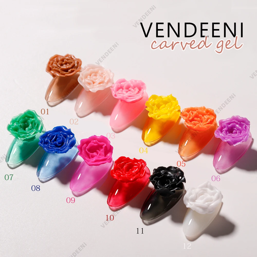 Vendeeni Carving Nails Art Gel 6d Carved Gel 12 Colors Paint Art Design Flower Sculpture Gel Polish