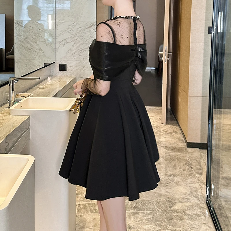 ZYHT 21405 Wholesale Sexy Fashion Ladies Black Princess Short Long Sleeve Cocktail Birthday Elegant Mini Party Dresses for Women