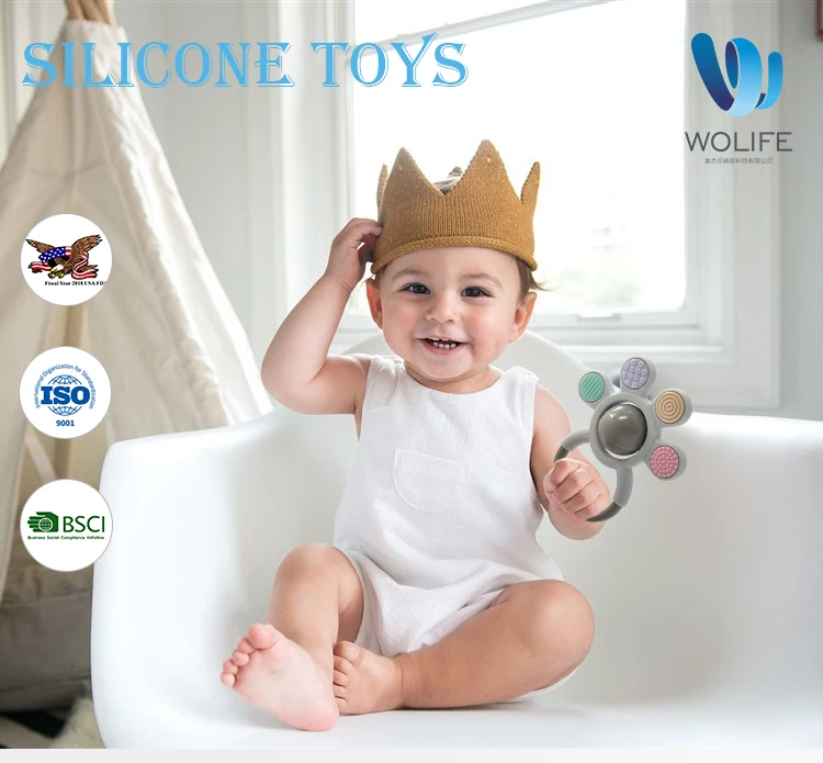 Amazon New Promotion Food Grade Silicone Chewable Safety Gossip Shape of Silicone Rattle and Sensory Teether Toy For Children