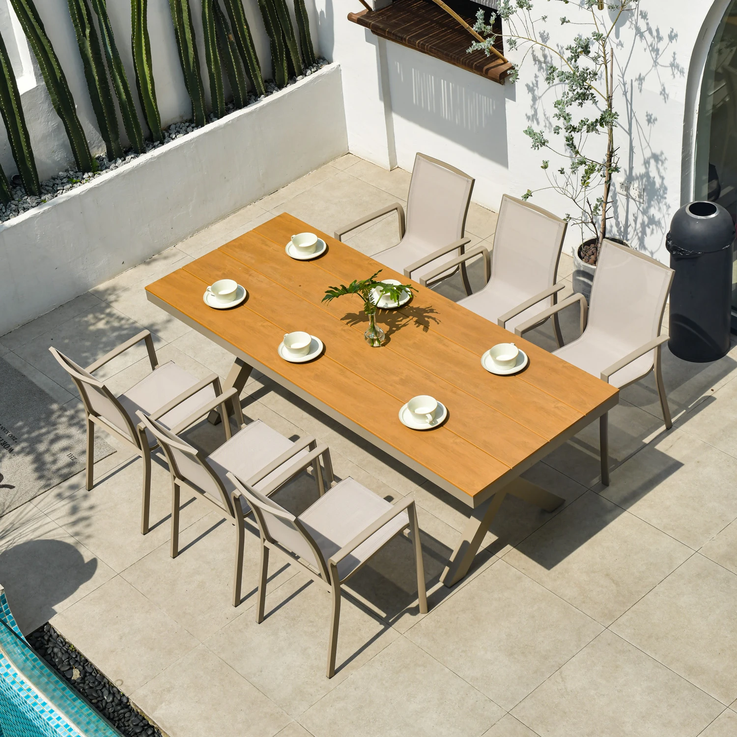 champagne L220xW90xH74cm plastic wooden outdoor furniture for 6 people and net aluminum chairs waterproof 1+6