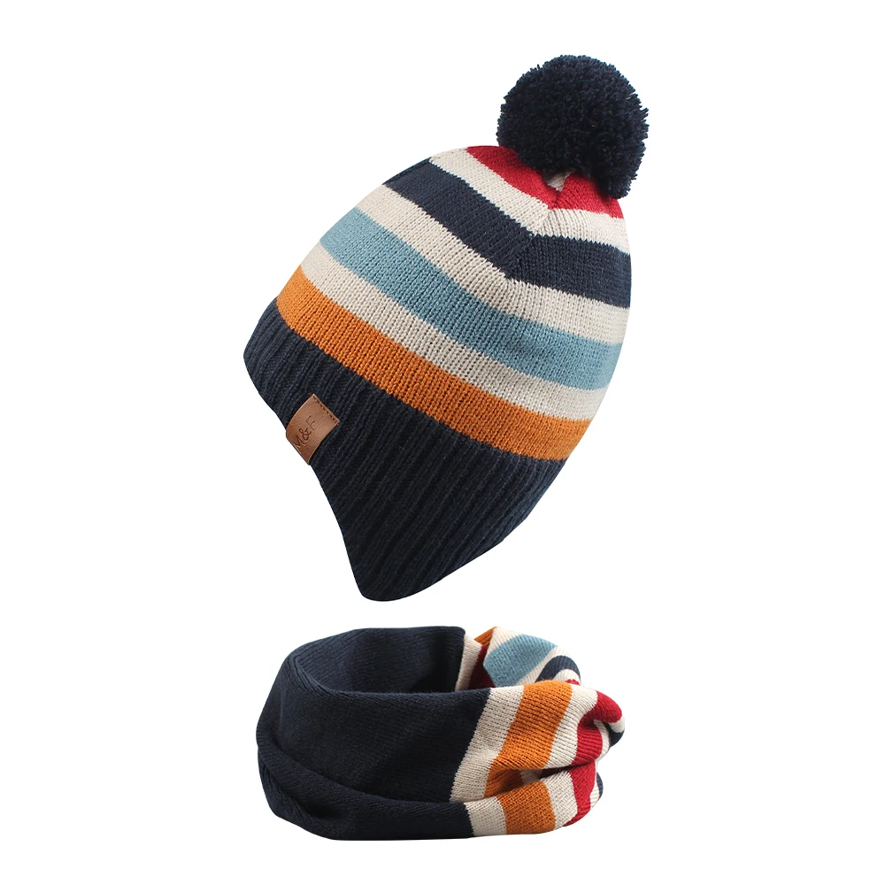 Winter Round Scarf with Stripe for Baby Girls and Boys 100% Acrylic Pompom Children Hat Unisex Knit Scarf Hat for Kids