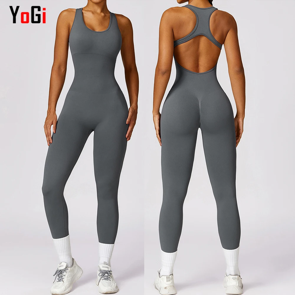 Women One Piece Sleeveless Solid Color Ribbed Slim Fit Pink Seamless Fitness Yoga Gym Workout Rompers Bodycon Jumpsuit