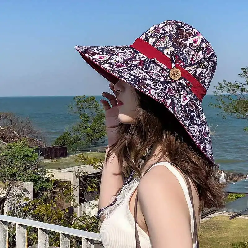 Reversible All Over Print Cotton Bucket Hat Finished With  Printed Fabric Neck Tie Beach Hat