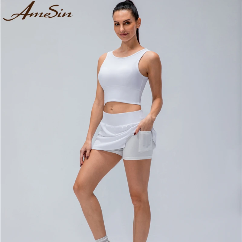Sexy Fashion 4 WAY STRETCH Ribbed Yoga Set Nylon Crop Top And Built-in underwear Skirt Set With Pockets