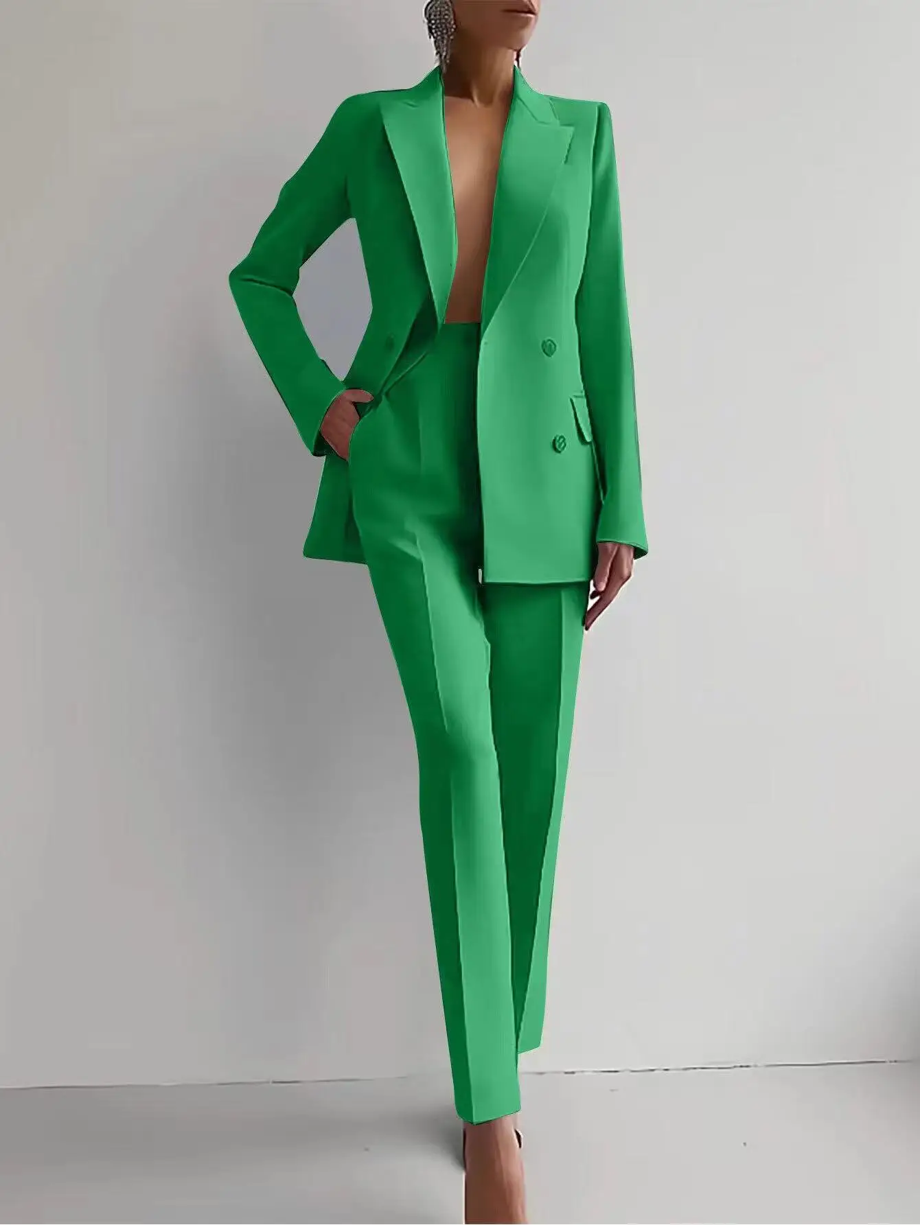 2024 Wholesale Women Spring Thin Style Suit Coat + Long Pants Solid Color Two Piece Set Suits Lapel V-Neck Office Lady Suits