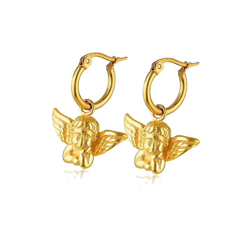 
Fashion DIY Stainless Steel Metal Angel Pendant Charm Earrings Personalized 18k Gold Plated 20mm Circle Charm Hoop Earrings 
