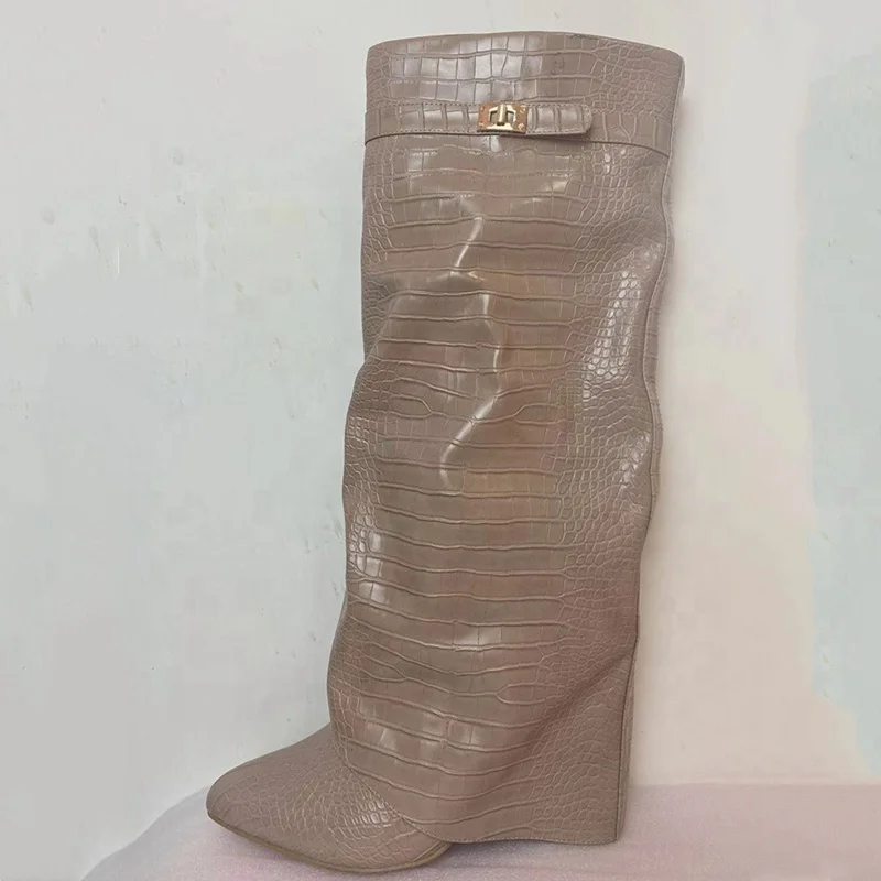 Ins Hot Spring Winter Great Quality Crocodile Print Upper Shoes Booty Knee High Pointy Toe Over-lay Side Zip Women Boots 43