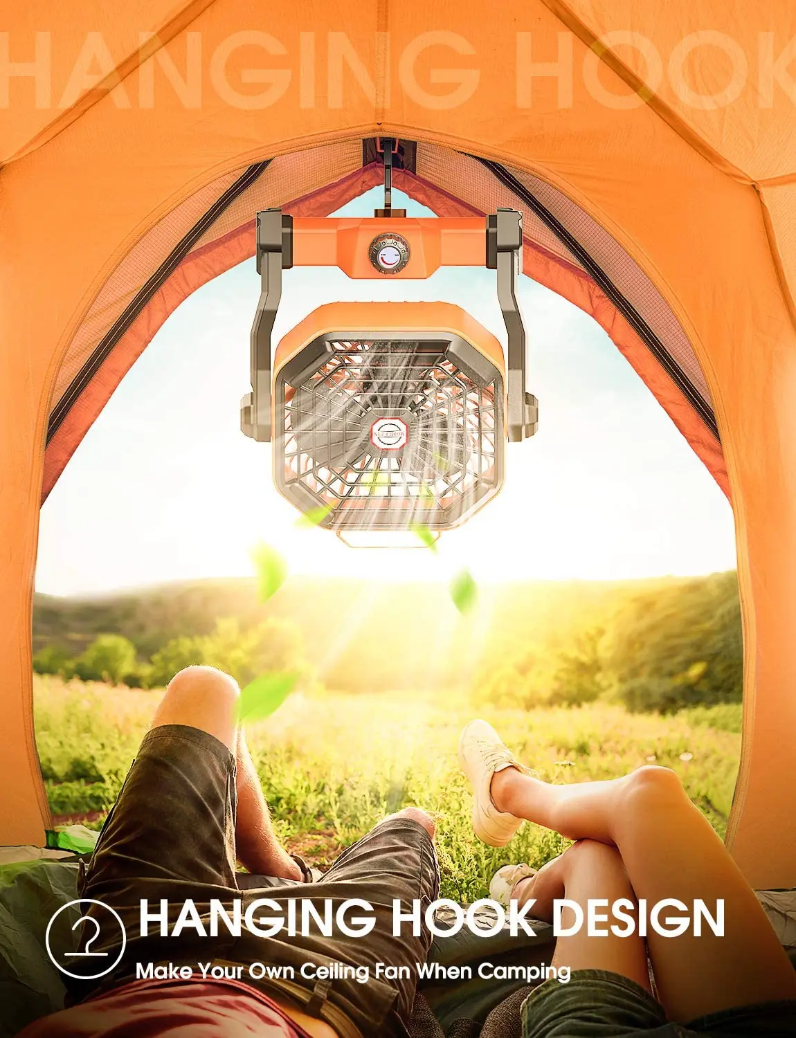 Лидер продаж, походный вентилятор со светодиодным фонариком, классический оранжевый перезаряжаемый походный вентилятор для палаток для пикника, 10400 мАч, 9 дюймов