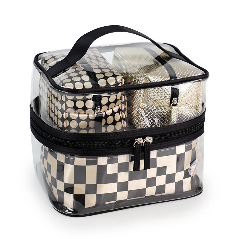Customized Makeup Travel Pvc New Waterproof cosmetic storage Lattice Dots print 4 Pieces cosmetic Bag Set