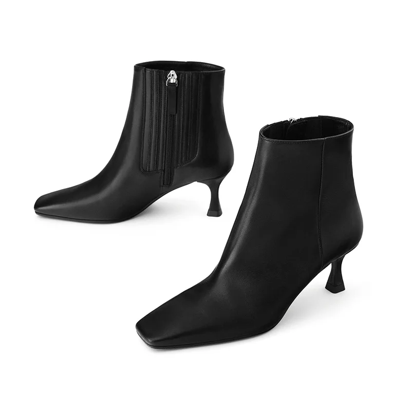 Accept custom Logo Designers square toe shape  black Leather zipper Winter Ankle Women Boots