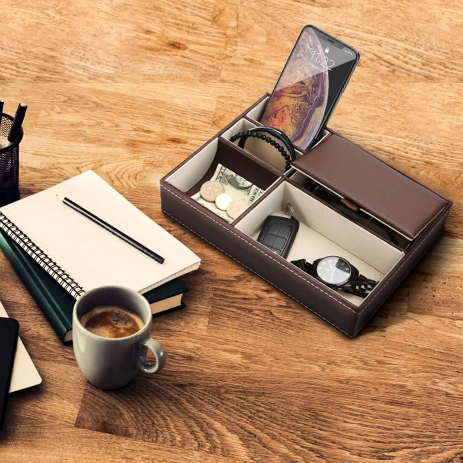 Mens Valet Desk Tray Nightstand Organizer With 5 Compartments Dresser Faux Leather Storage Case for Wallet Phone Keys