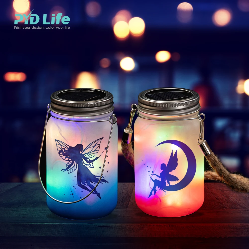 PYD Life 15 oz Bulk Drinking Glass Waterproof Camping Solar Sublimation Led Solar Mason Fairy Jar Lids Light Led with Handles