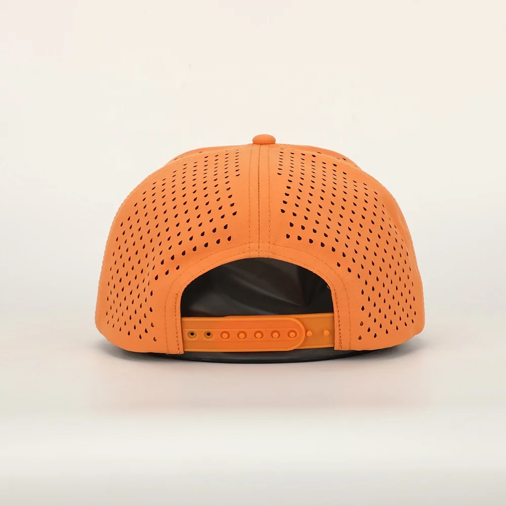 Wholesale High Quality Rubber Patch Logo 7 Panel Polyester Laser Cut Hole Hat Flat Brim Gorras Custom Waterproof Snapback Cap