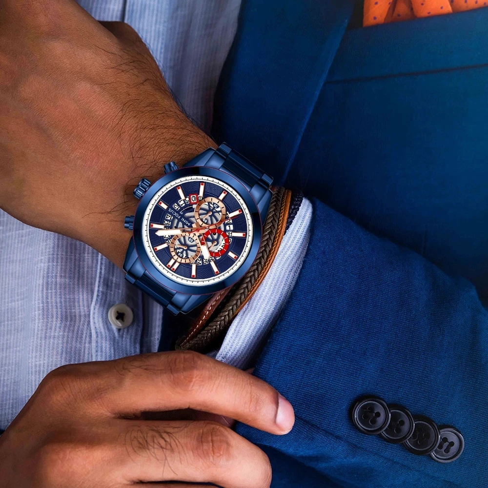 MINI FOCUS MF0285G Luxury Blue Gents Quartz Watch Superior Steel Strap Water Proof Calendar Character Sports Wristwatch