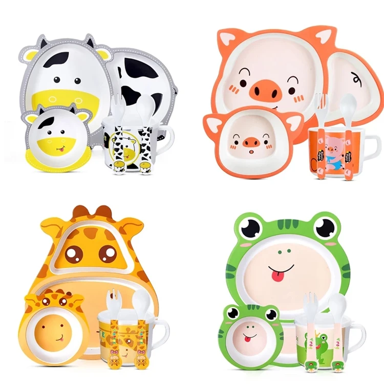 10 Design 5pcs/set Baby Tableware Cartoon Children Feeding Dishes Kids Bamboo Fiber Bowl Fork Cup Spoon Dinnerware Set