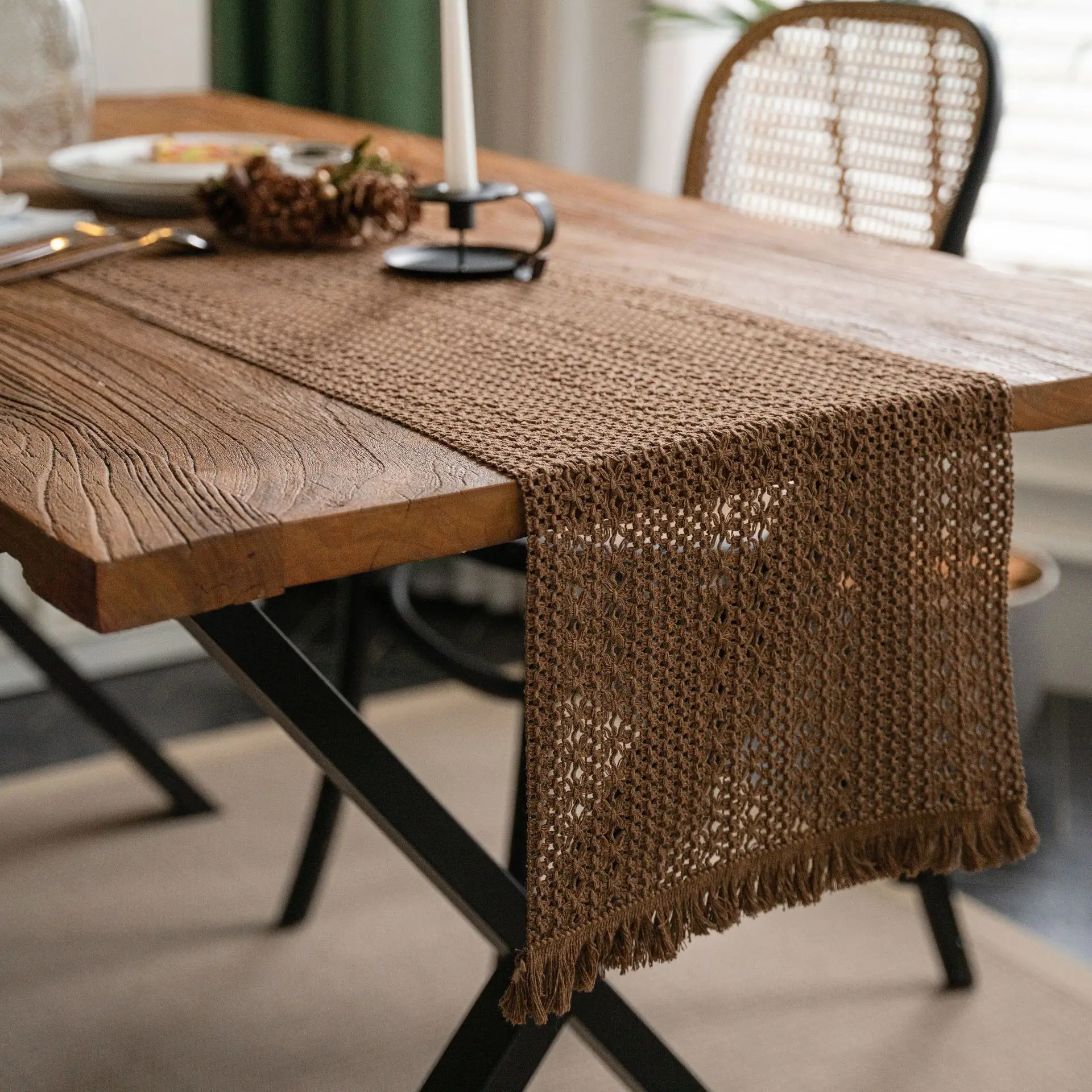 Cotton Linen Striped Stitching Two-tone Woven Tassel Table Runner