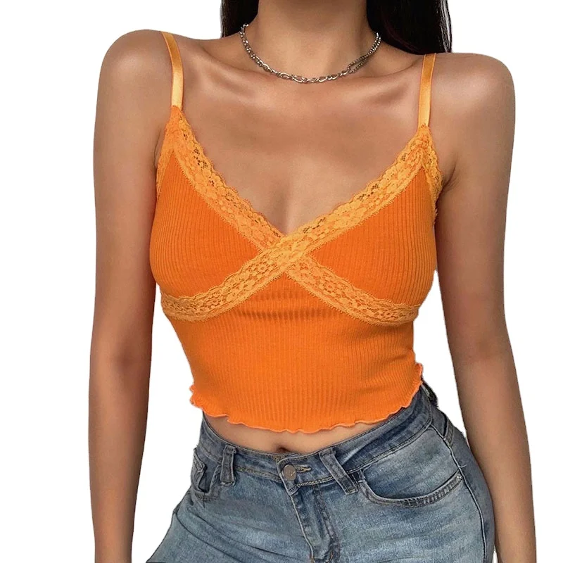 
2021 New Style Sexy Hot Women Girl Fashion Bodycon Summer Outfit Spaghetti Strap Solid Color Lace Spliced Tank Crop Cami Top 