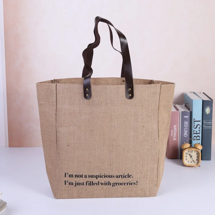 Custom Printed LOGO Eco Reusable Large Shopping Tote High Quality Burlap Jute Bag With Leather Handles
