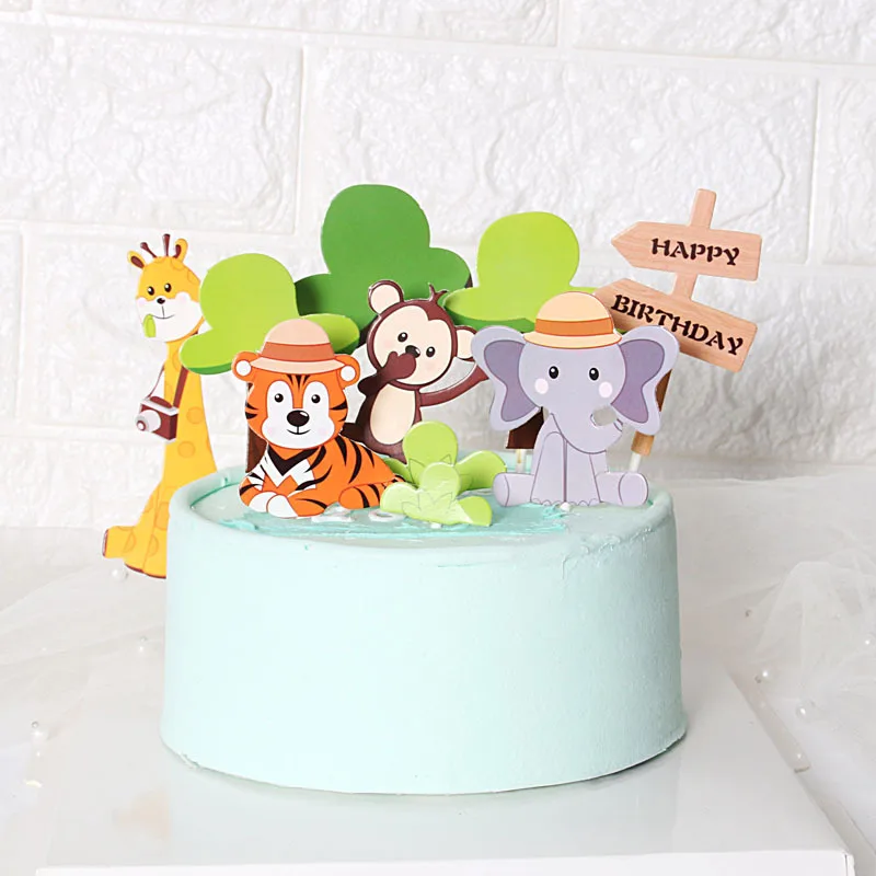 Cute happy birthday cake topper decoration Cartoon Forest Giraffe Tiger Collection Birthday Cupcake Toppers