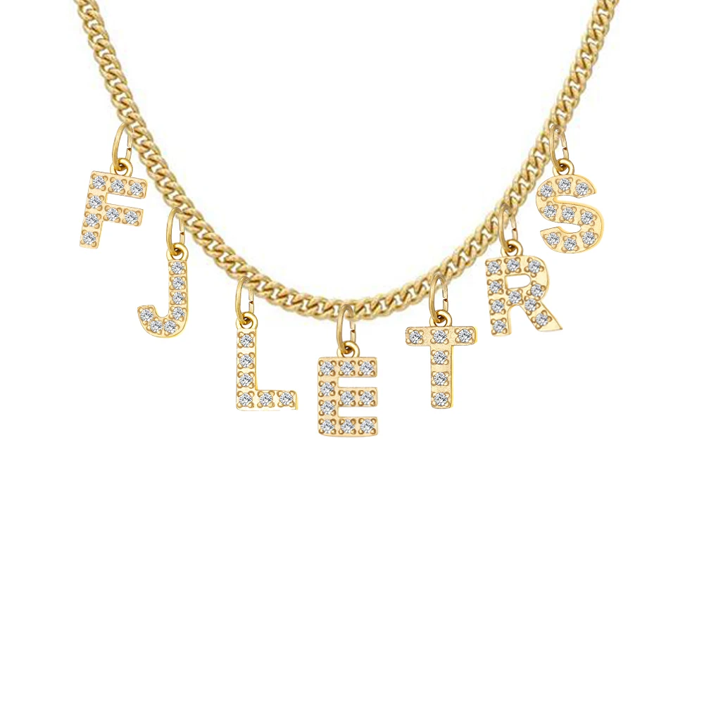 Stainless Steel 14K Gold Cuban Chian Micro Inlaid Zircon Letter Personalized Name Necklace DIY Customized Name Necklace