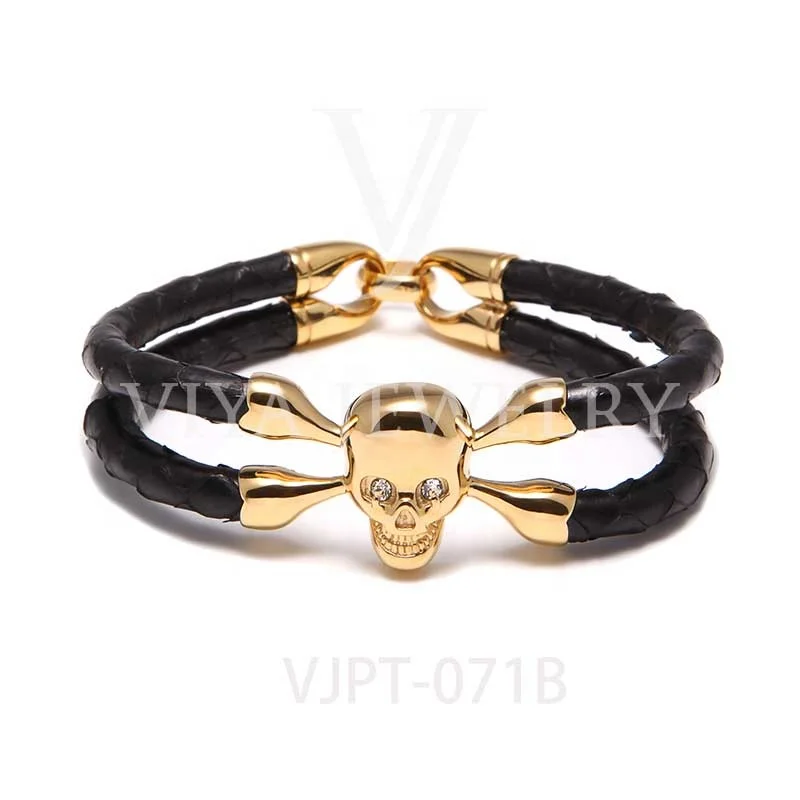 Wholesale Popular Skull stingray Leather Bracelet with 18K Gold Plating Over Stainless Steel