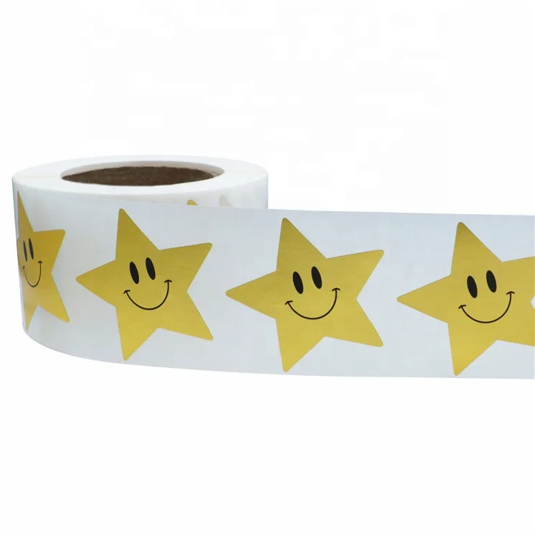 Hybsk Gold Star Shape Smile Face Stickers 1.5 Inch Total 500 Adhesive Labels Per Roll