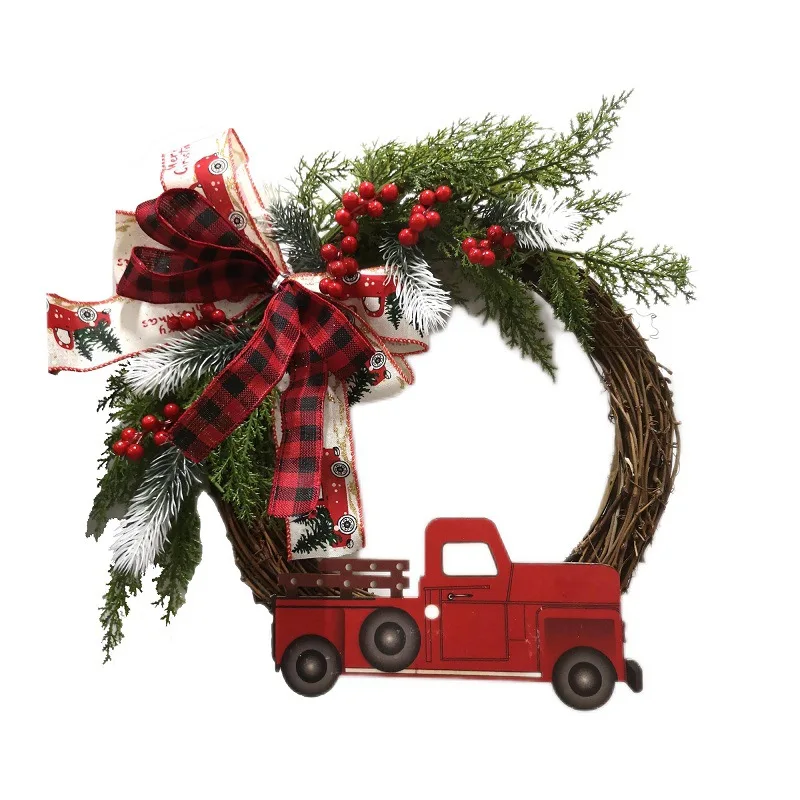 2024 Wholesale New Designed Artificial Christmas Wreath with Toy Red Truck Red Berries Red Ribbon Wrapped Wreath Door Decor