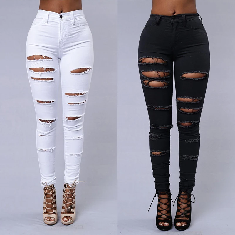 Fashion Women Jeans European Clothing Stretchy Skinny Ripped Jeans Mujer Pencil Pants Black White Jeans Women