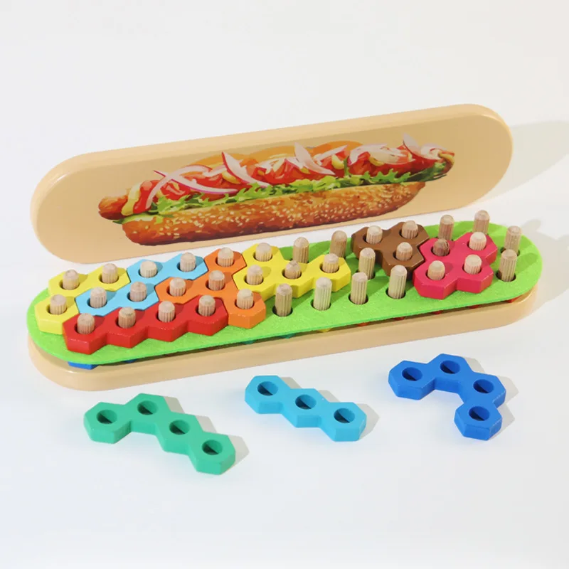 Children Wooden Hamburger Hot Dog Set Column Building Block Puzzle Logical Thinking Training Early Education Puzzle For Kids