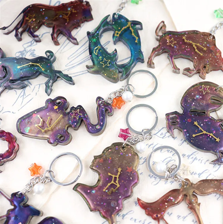 2021 diy crystal resin drop glue twelve constellation animal shiny keychain pendant silicone mold