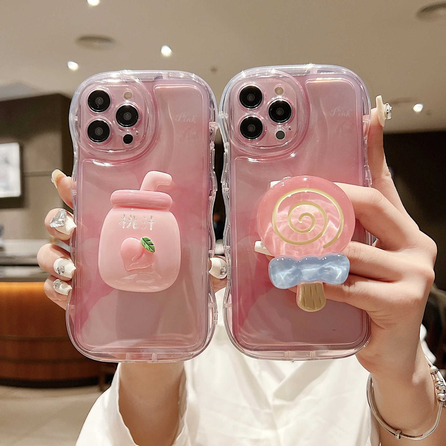 Girly Heart Wave Bubble Protective Case for iPhone 12 14 13 15 pro max Gradient Pink Peach Juice Stand Mobile Phone Case Bracket