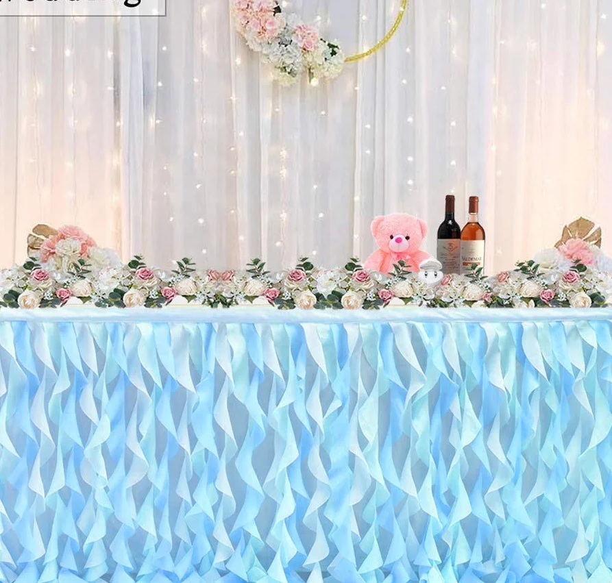 Tulle Curly Willow Table Skirt for Rectangle Ocean Blue Tutu Ruffle Frozen Wedding Baby Shower Birthday