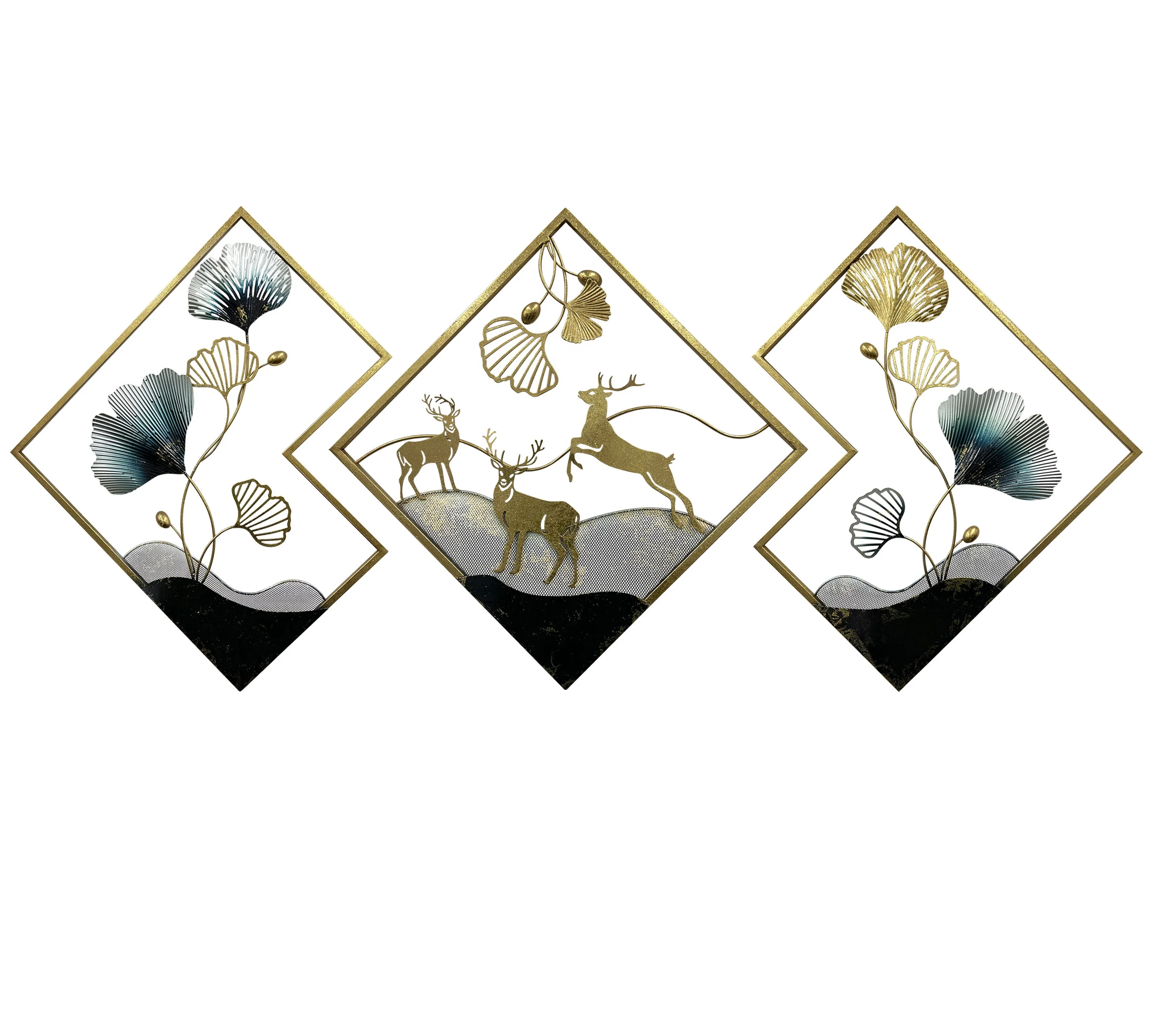 Nordic style ginkgo leaf with deer metal wall hanging sets modern wall decor golden background living room bedroom wall hanging