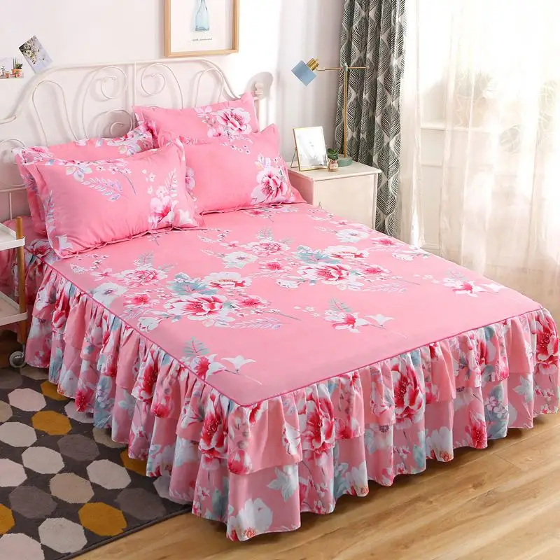K60 Floral Fitted Sheet Cover Set/3pcs Wedding Housewarming Graceful Bedspread Lace Fitted Sheet Bed Cover Skirt With Pillowcase