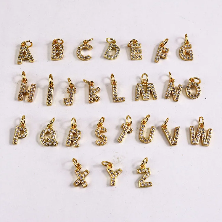 CZ7986 Tiny Dainty Mini 18k Gold CZ Initial Charms,Clear CZ Pave Gold Uppercase Initial Charms 26 Letter Alphabet Pendant Charms