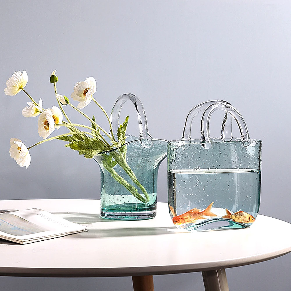 Hot Sale Custom Artistic Wedding Desktop Plants Decoration Recycled Hand Blown Blue Bubble Crystal Flower Glass Purse Bag Vase