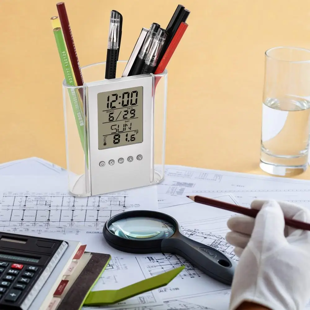 Desktop Perpetual Calendar Temperature LCD Electronic Nurse Pen Holder with Alarm Clock for Home Office