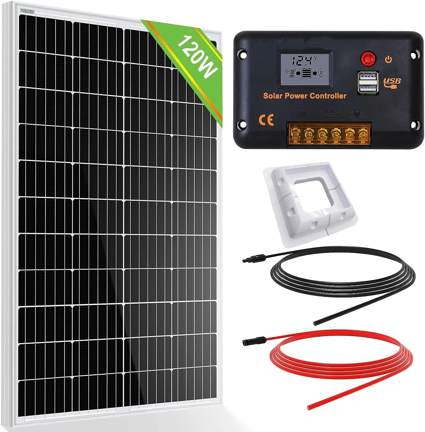 240 Watt 12/24V Solar Panel Kit for RV Boat Home 12/24V Solar Charge Controller + 16ft &10ft Solar Cable + -Brackets
