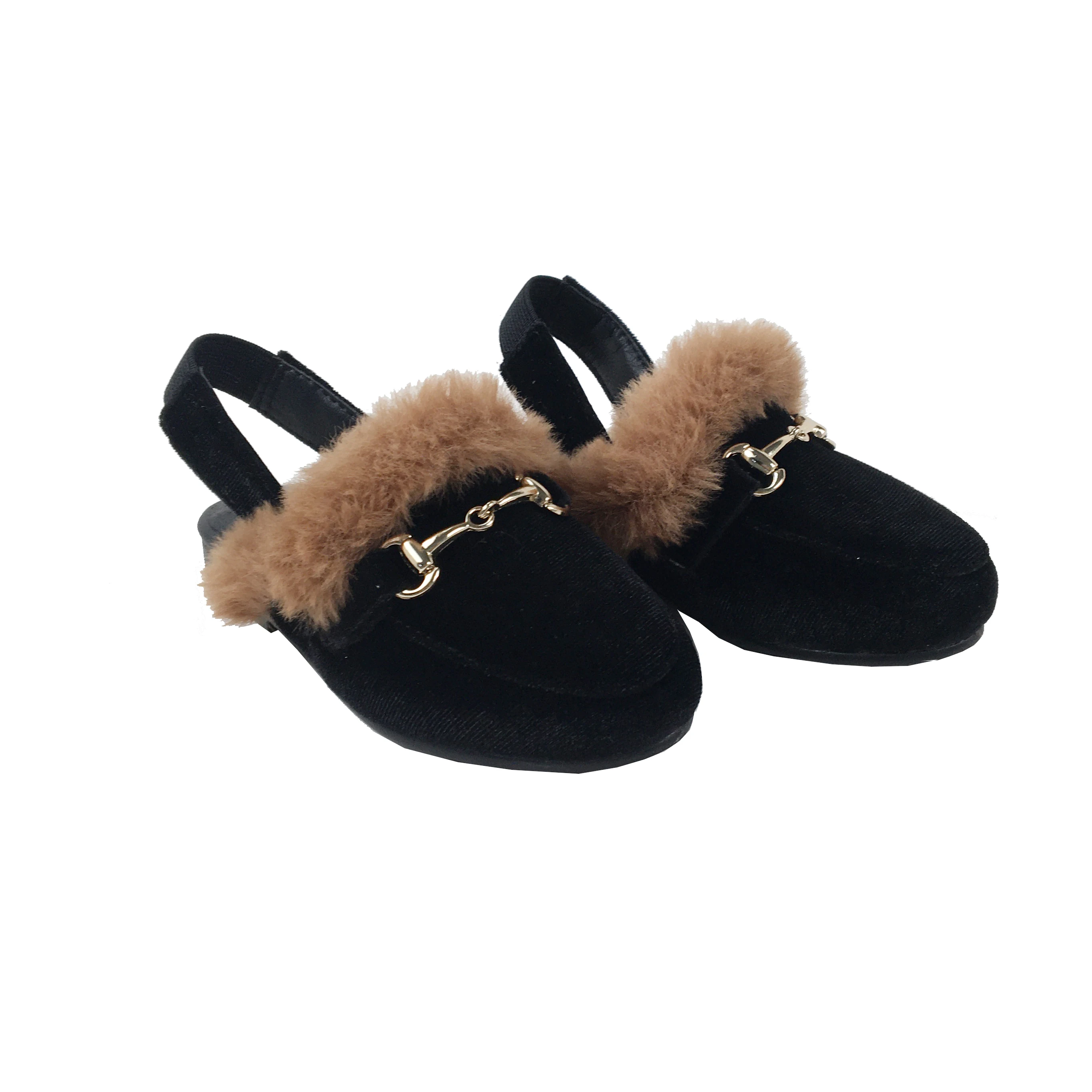 Black Velvet Winter Girls Loafer Shoes with Gold Chain Front Flats Children Slingback