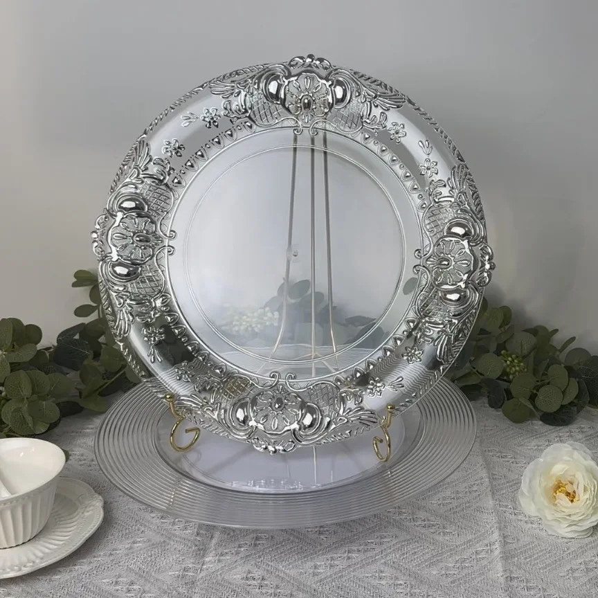 2023 New Design Plastic Material Clear Charger Plates Silver Patterned Trim Gold Rim Charger Plates For Wedding Party