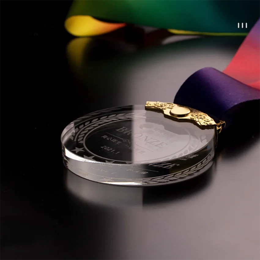 Customized Sublimation Quality Crystal Medal With Ribbon Glass Medals plaques Gold Sports Marathon Soccer Karate Acrylic Medal