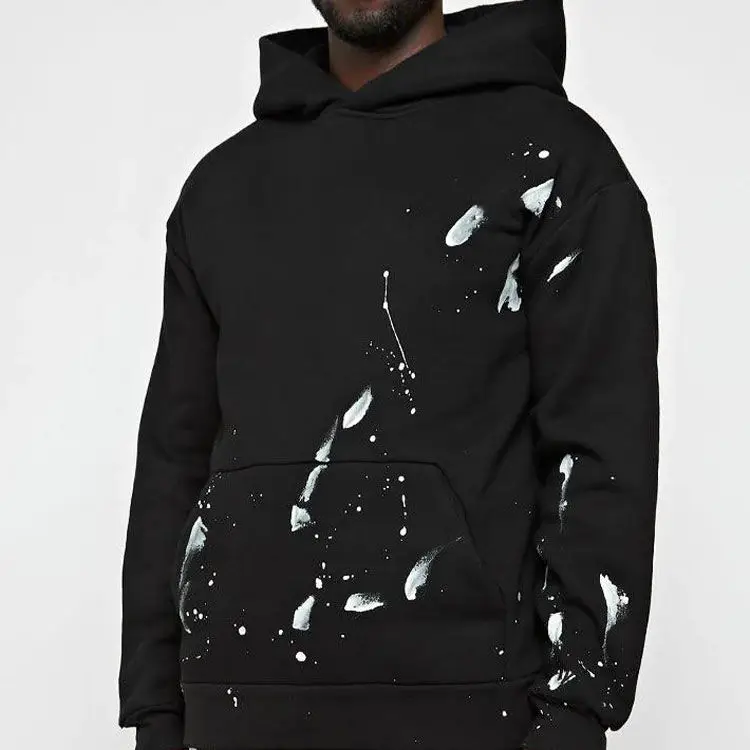 Wholesale Custom heavyweight Logo Print 100% Cotton No String Distressed Paint Splatter Hoodie With Paint Splatter Splash Hoodie