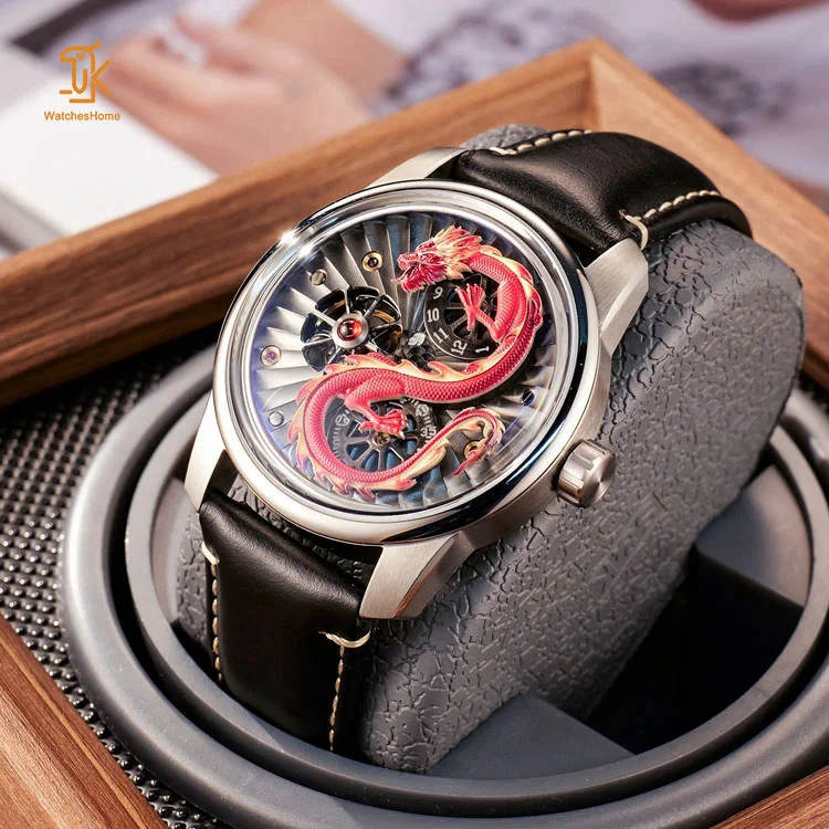 Custom 3D Chinese Mechanical Genus Golden Dragon Wrist Watch For Men Celestial Dragon Logo Serie Moving Automaton Watch