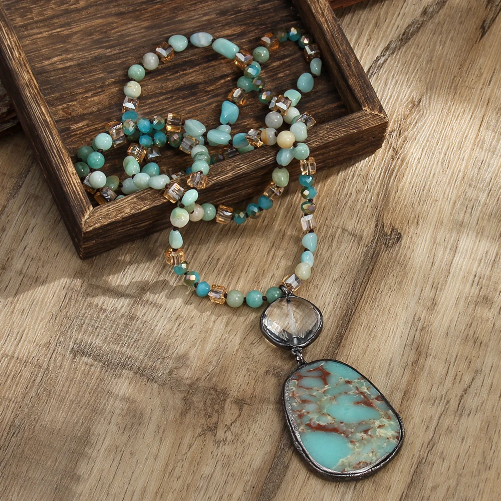 Fashion Bohemian Handmade Women Jewelry 6mm Natural Stone Crystal Glass Beads Knotted Necklace Irregular Stone Pendant Necklaces